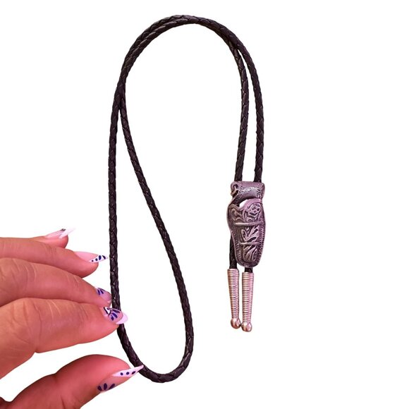 Unbranded Jewelry - Vintage Silver Black Leather Empty Unarmed Holster Gun Control Bolo Tie